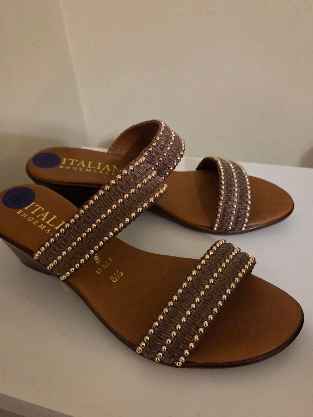 Italian Shoemakers Brown and Gold Beaded Wedge Sandals